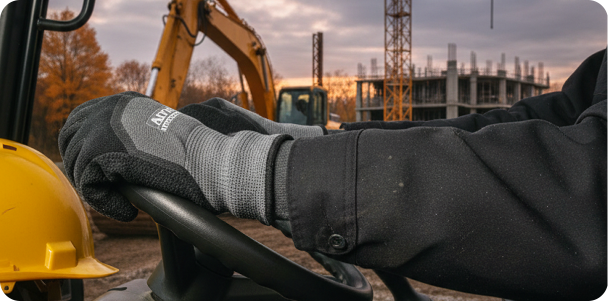 Gloved hand on the control lever of a machine on a building site at dusk
