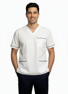 PHILTEX- Poly Cotton Contrast Trim Scrub Top (White/Navy)