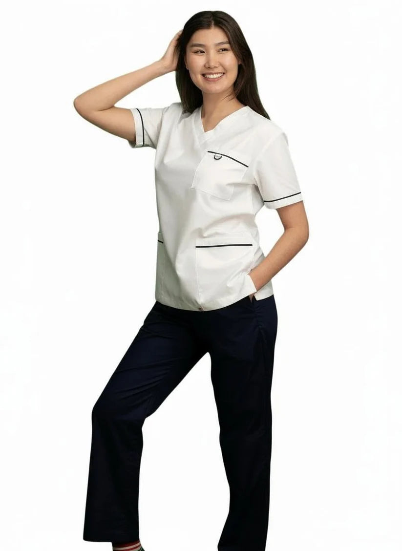 PHILTEX- Poly Cotton Contrast Trim Scrub Top (White/Navy)