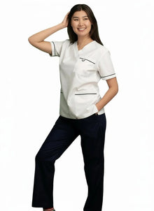PHILTEX- Poly Cotton Contrast Trim Scrub Top (White/Navy)