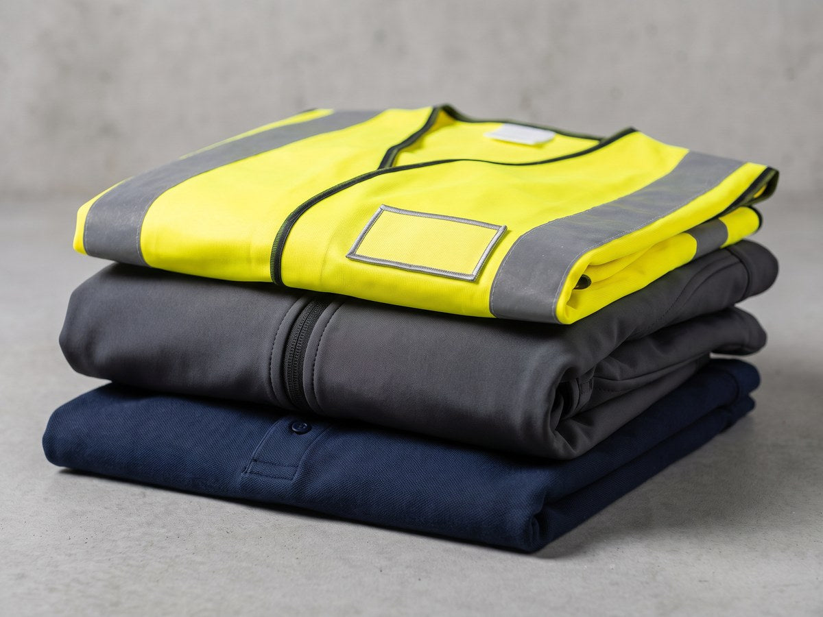 Folded work garments ready for logo printing