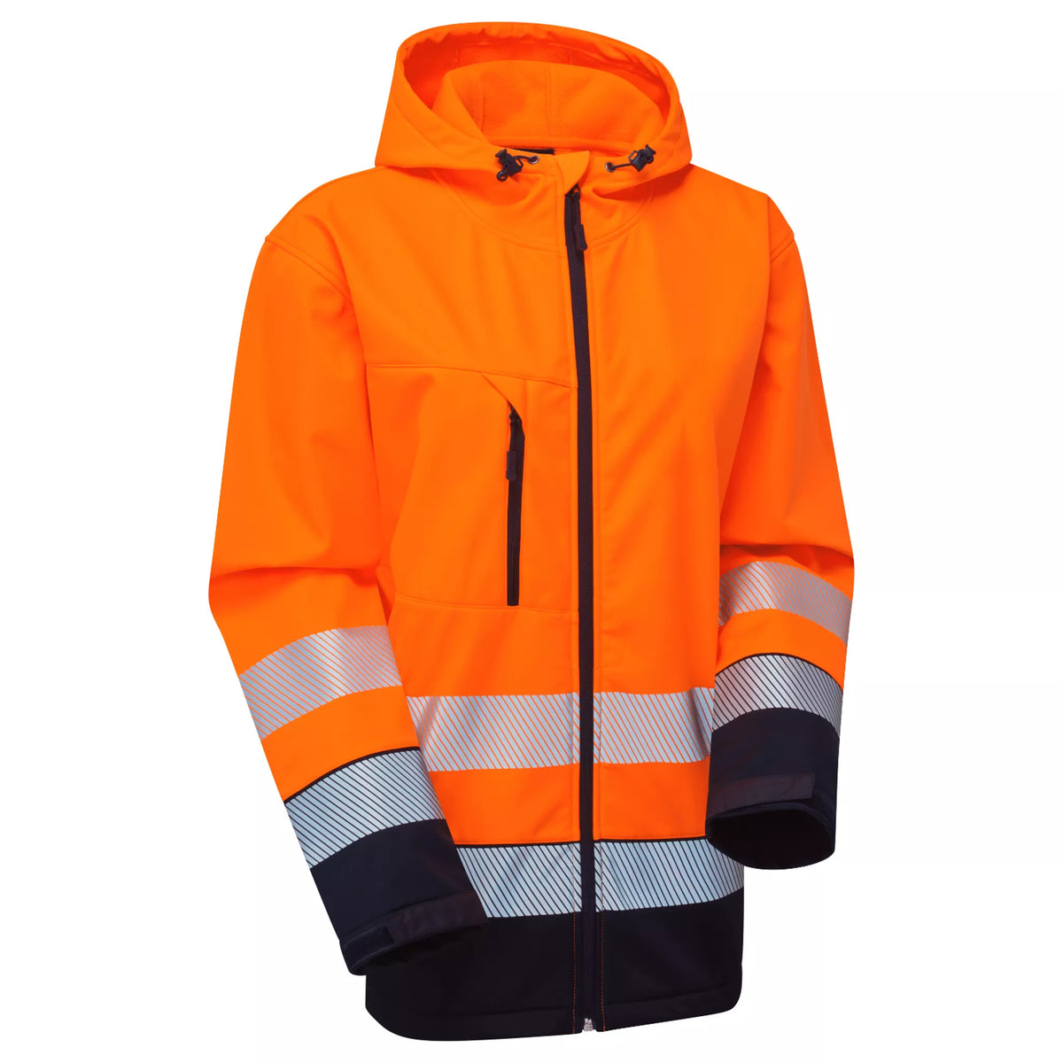 ESS300, Essentials Hi-Vis Eco Orange/Navy Hooded Softshell Jacket