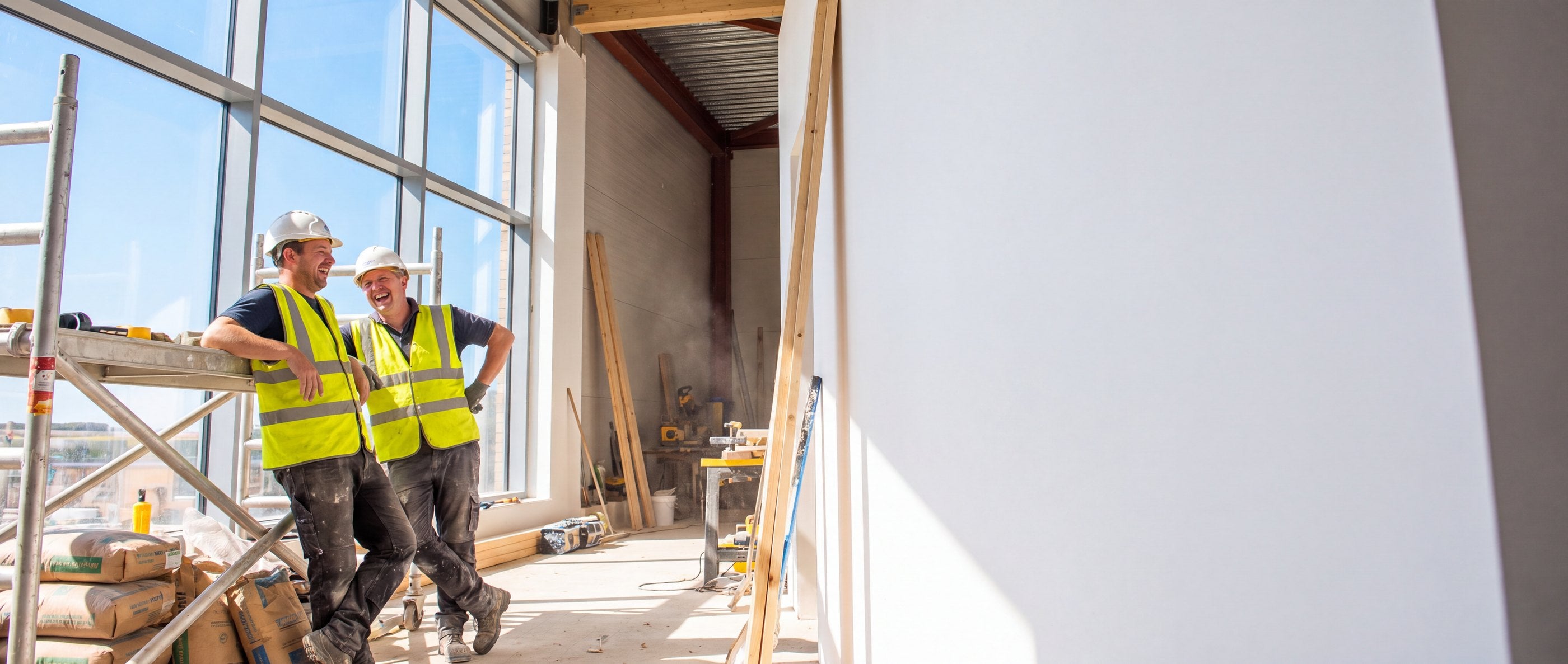 Two tradesmen in hi-vis laughing on a bright interior building site