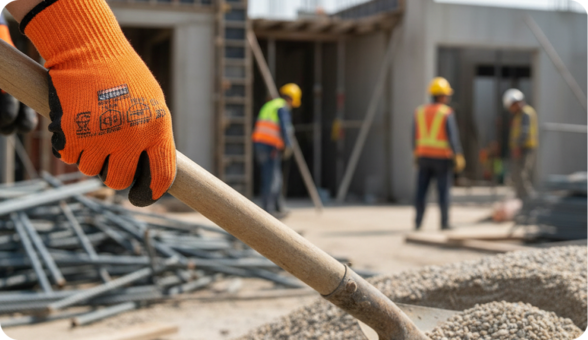 Gloved hand gripping a shovel on a building site, workers in hi-vis behind